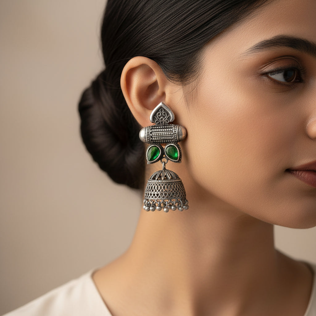 Taal- Silver Brass Oxidised jhumka earrings(Green)