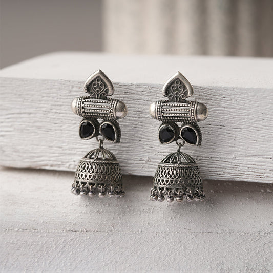 Taal- Silver Brass Oxidised jhumka earrings(Black)