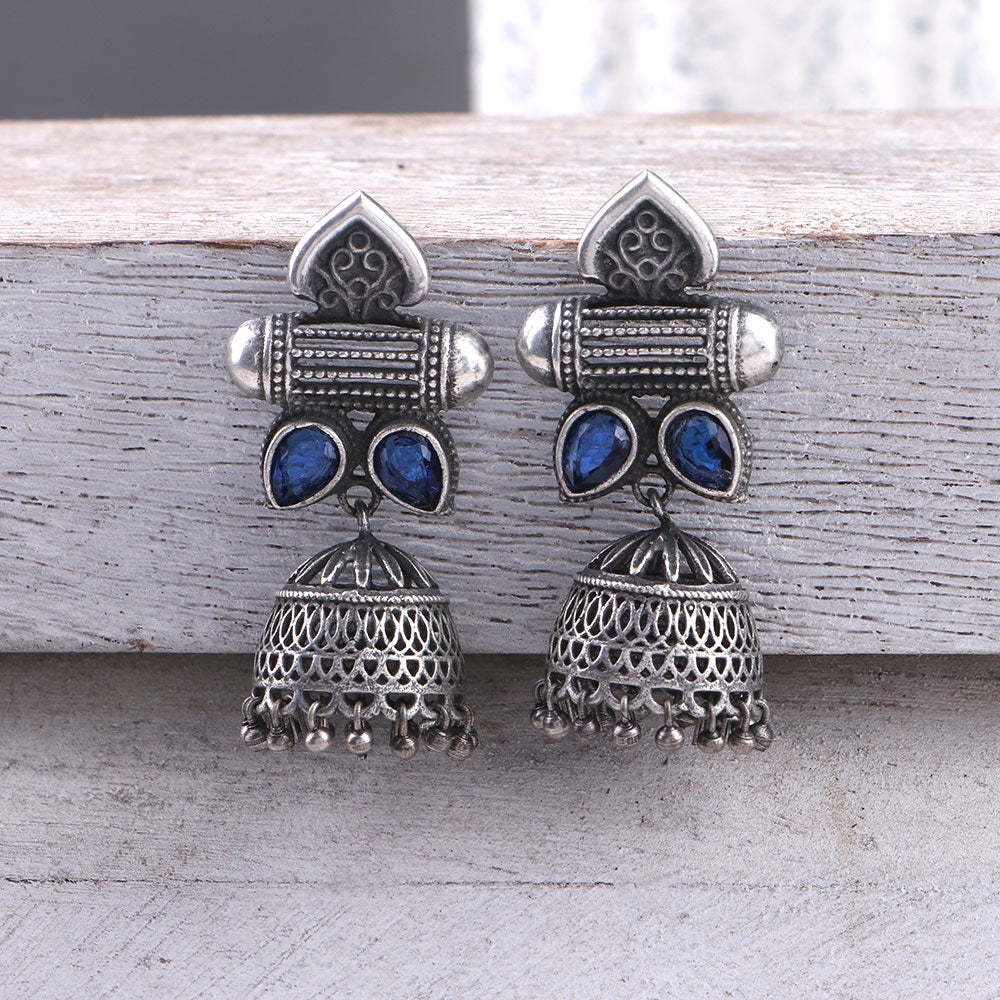 Taal- Silver Brass Oxidised jhumka earrings(Blue)