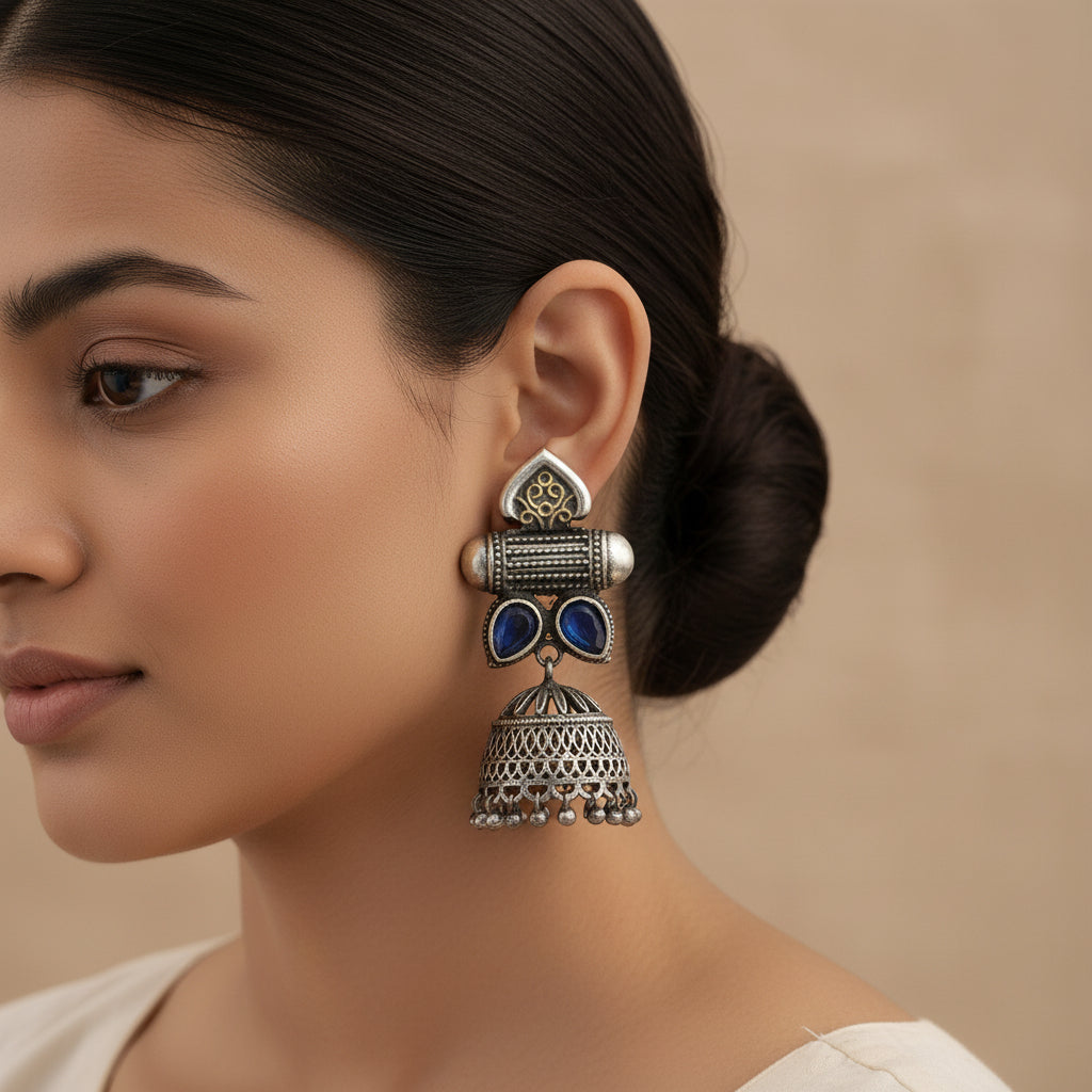 Taal- Silver Brass Oxidised jhumka earrings(Blue)