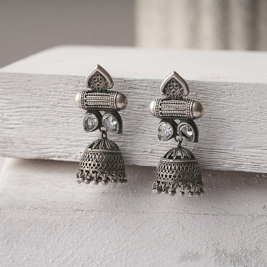 Taal- Silver Brass Oxidised Jhumka earrings(white)