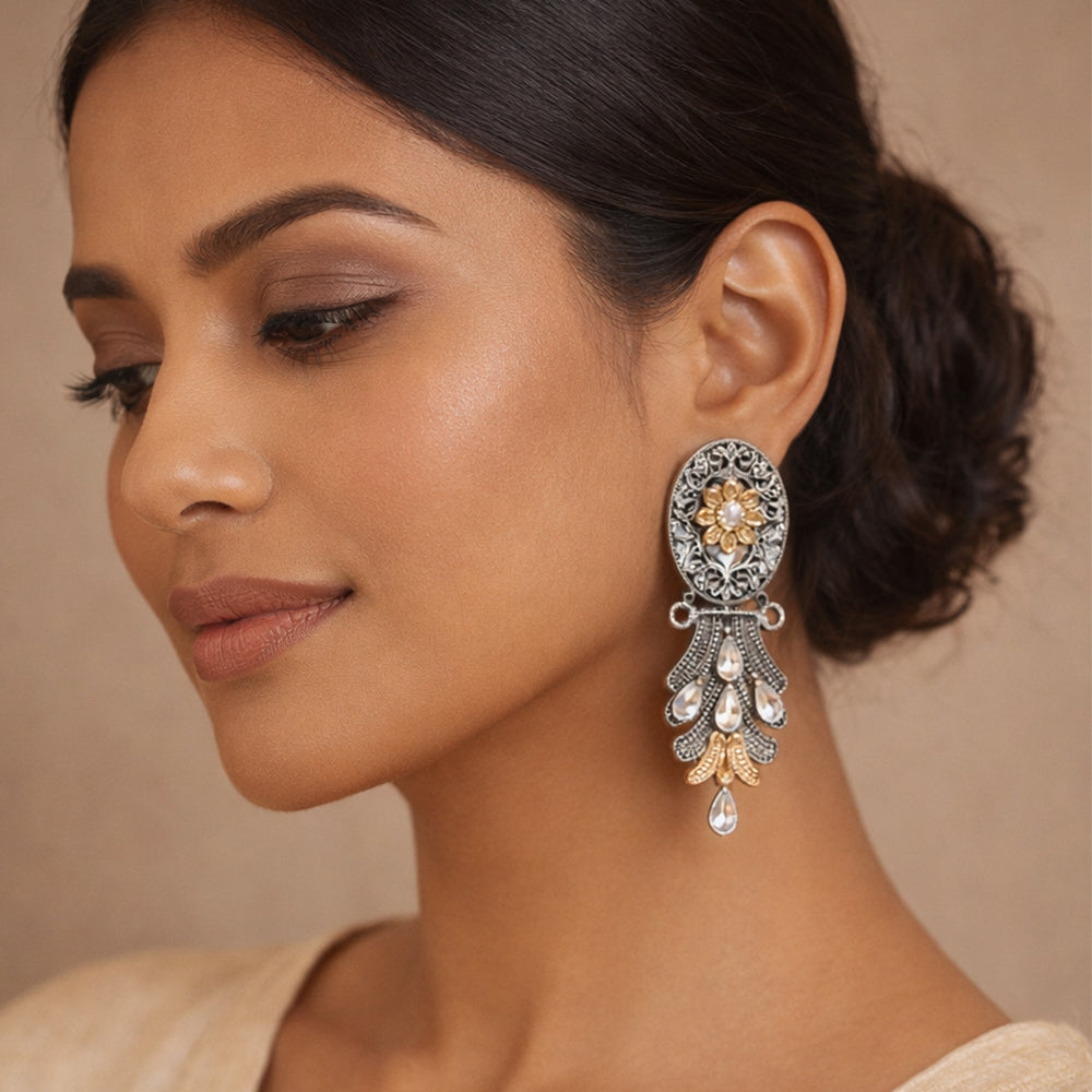 DwiVarna- Silver Brass Oxidised dangler earrings