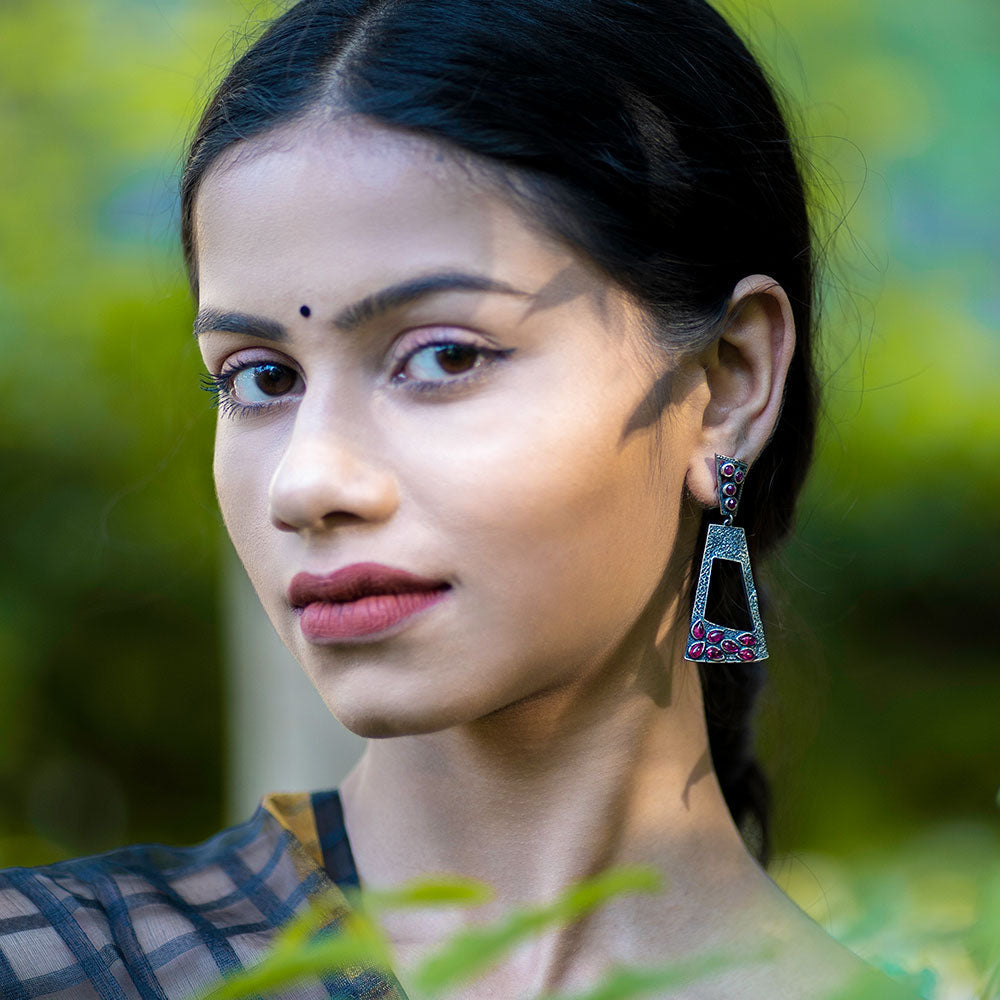 Vakrini- Silver Brass Oxidised dangler earrings