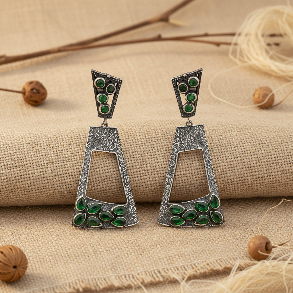 Vakrini- Silver Brass Oxidised dangler earrings(Green)