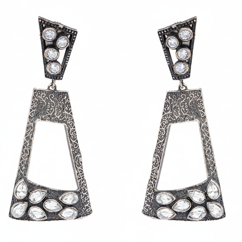 Vakrini- Silver Brass Oxidised dangler earrings(White)