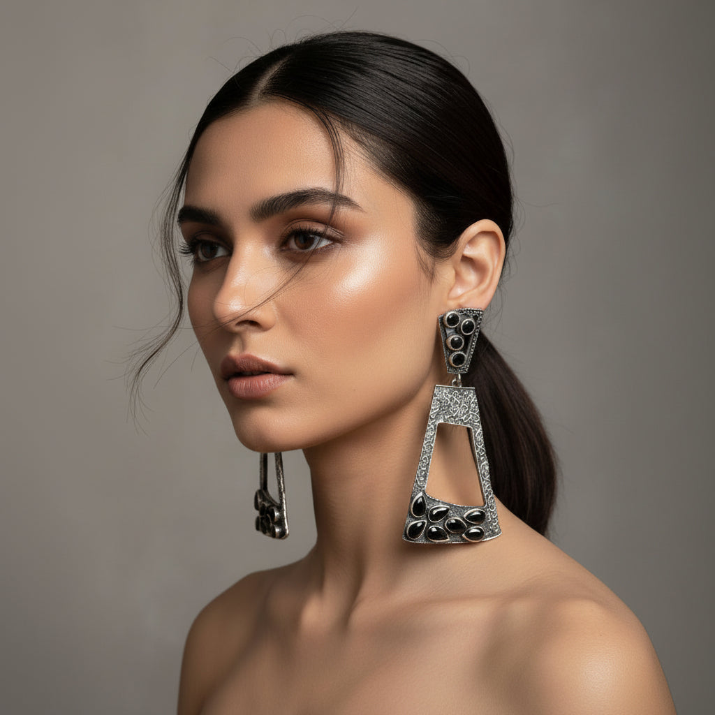 Vakrini- Silver Brass Oxidised dangler earrings(Black)