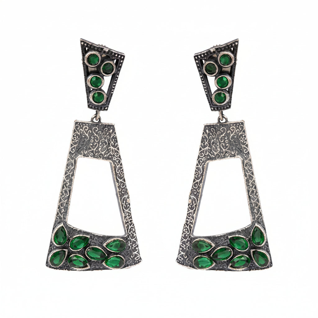Vakrini- Silver Brass Oxidised dangler earrings(Green)