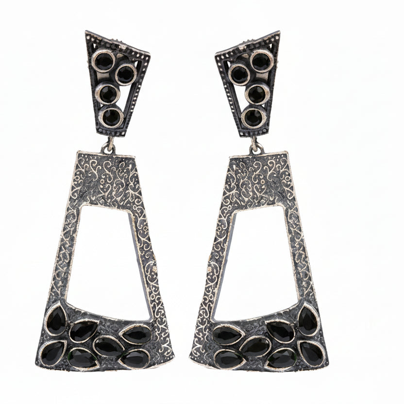 Vakrini- Silver Brass Oxidised dangler earrings(Black)