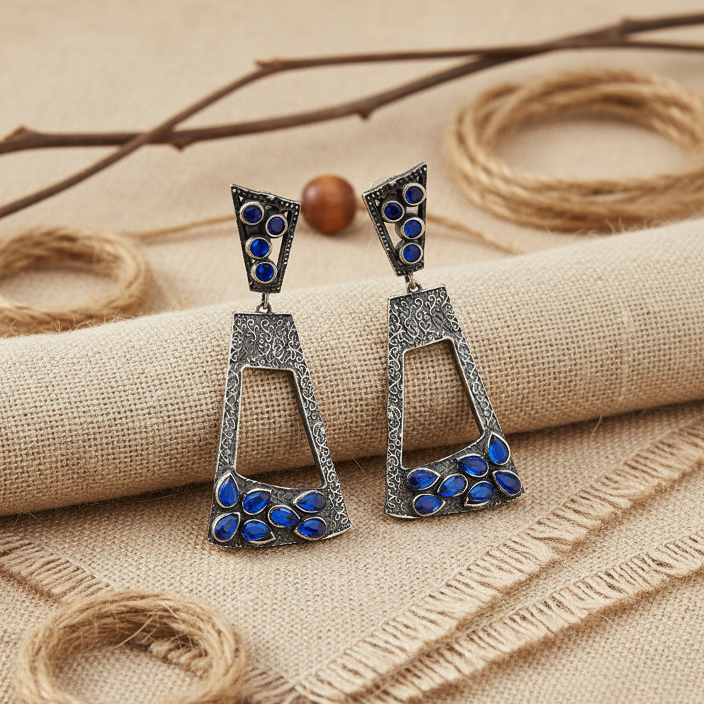Vakrini- Silver Brass Oxidised dangler earrings(Blue)