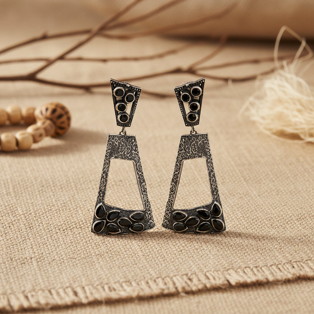 Vakrini- Silver Brass Oxidised dangler earrings(Black)