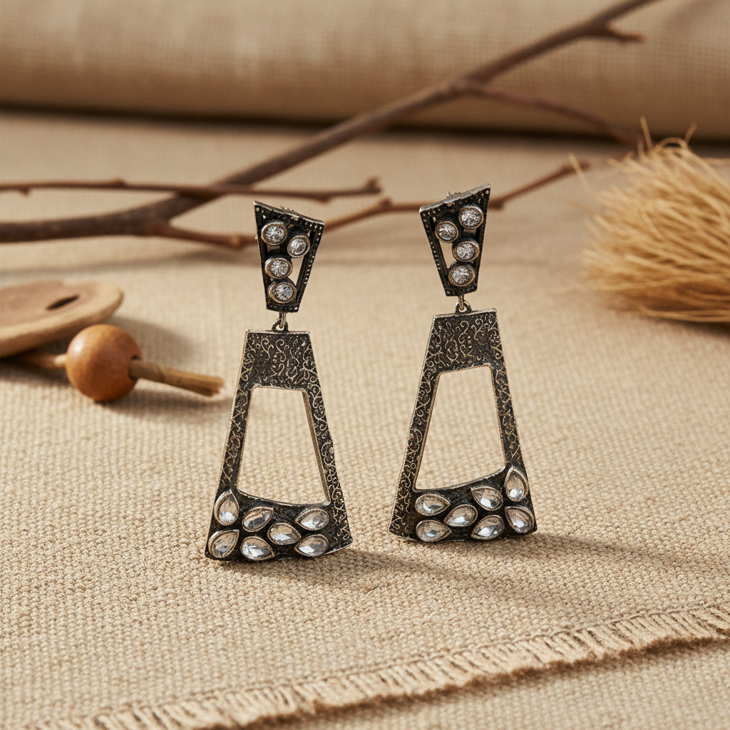 Vakrini- Silver Brass Oxidised dangler earrings(White)