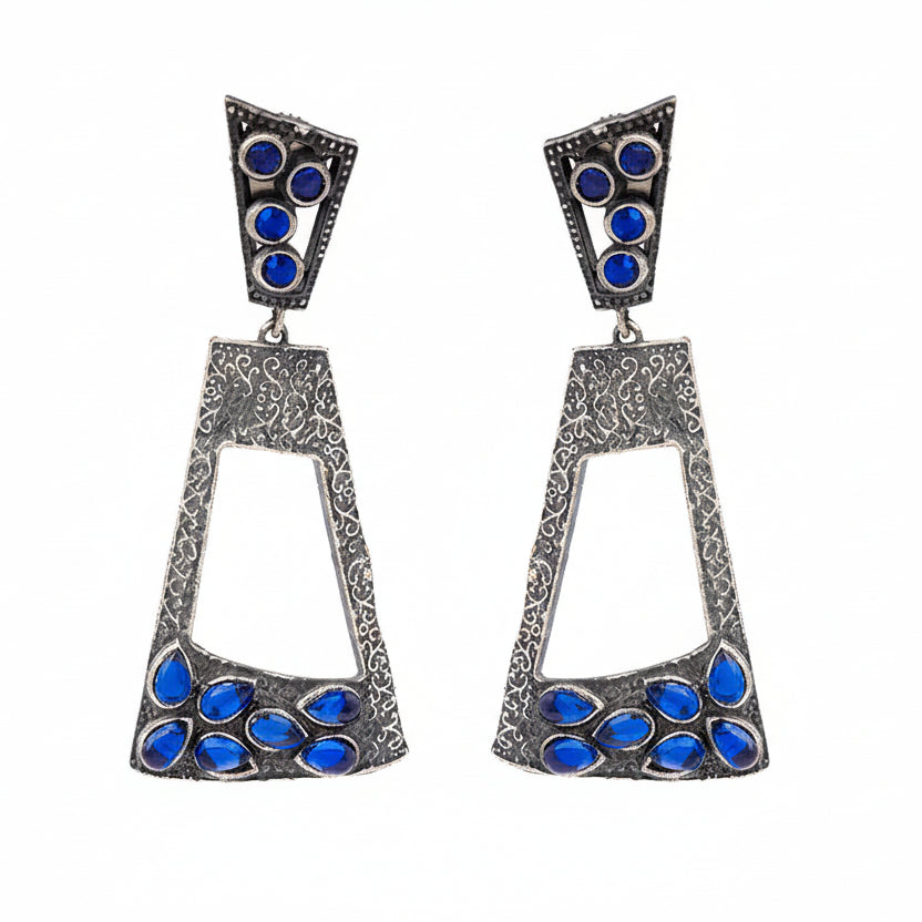 Vakrini- Silver Brass Oxidised dangler earrings(Blue)
