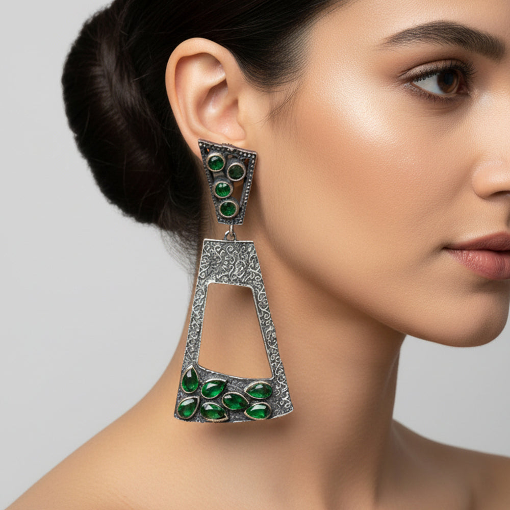 Vakrini- Silver Brass Oxidised dangler earrings(Green)