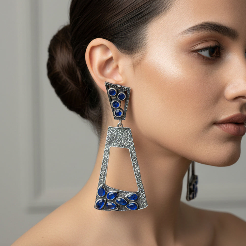 Vakrini- Silver Brass Oxidised dangler earrings(Blue)
