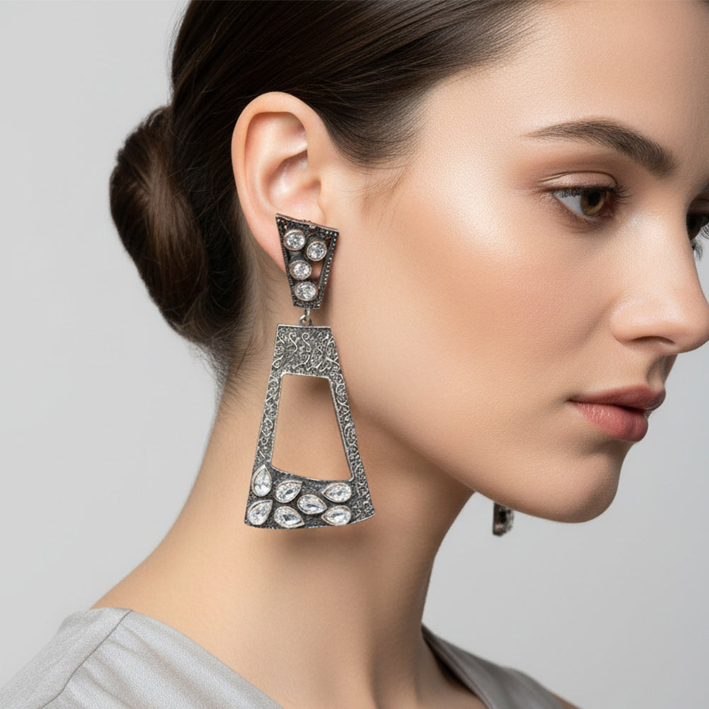 Vakrini- Silver Brass Oxidised dangler earrings(White)