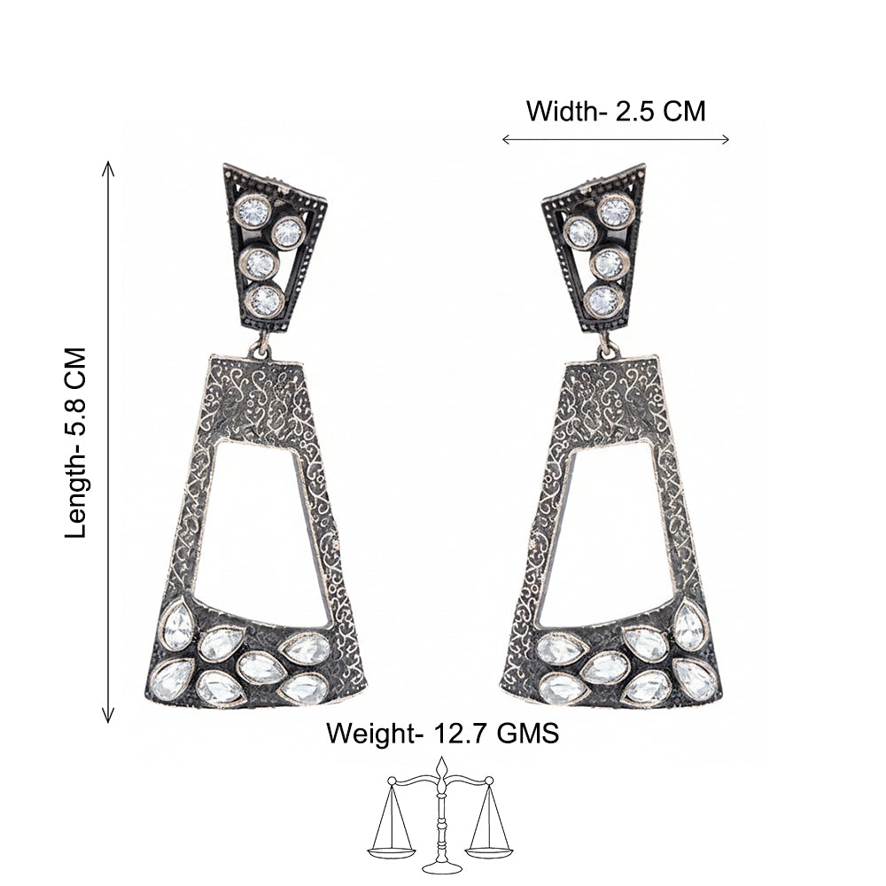 Vakrini- Silver Brass Oxidised dangler earrings(White)