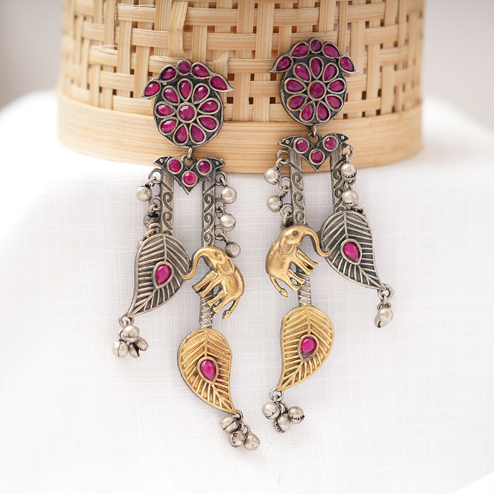 Yugalika- Silver Brass Oxidised dangler earrings(Red)