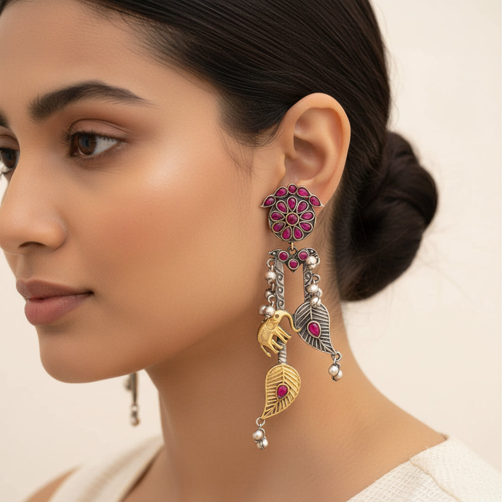 Yugalika- Silver Brass Oxidised dangler earrings(Red)