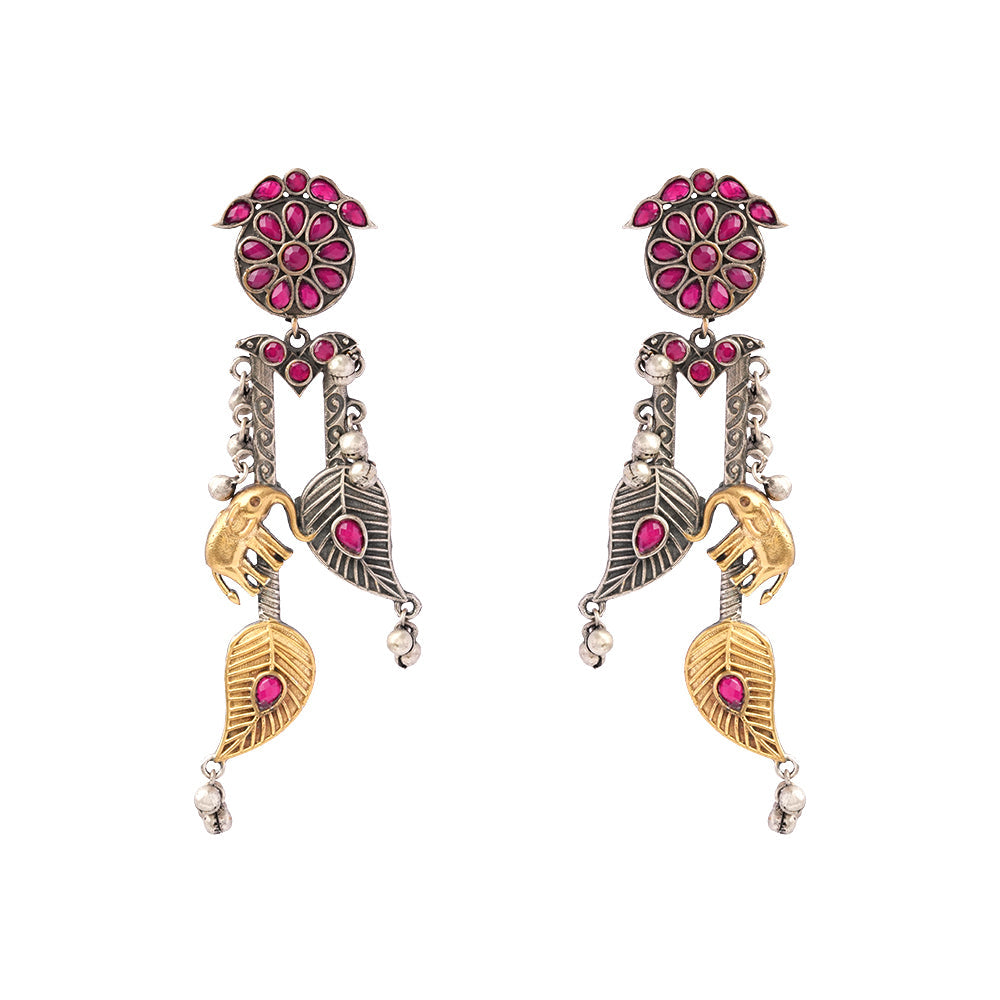 Yugalika- Silver Brass Oxidised dangler earrings(Red)