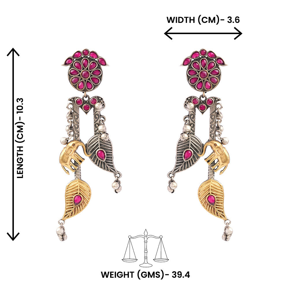 Yugalika- Silver Brass Oxidised dangler earrings(Red)