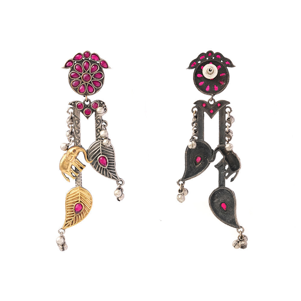 Yugalika- Silver Brass Oxidised dangler earrings(Red)