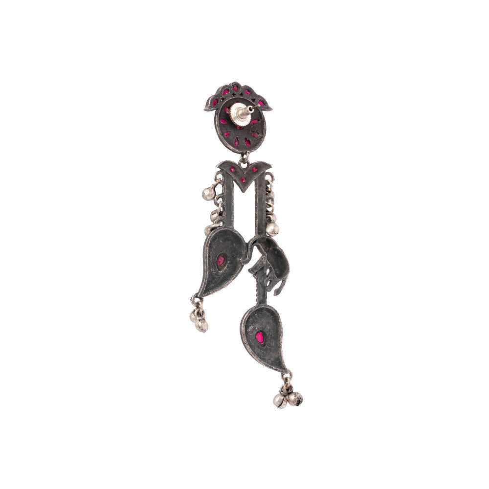 Yugalika- Silver Brass Oxidised dangler earrings(Red)