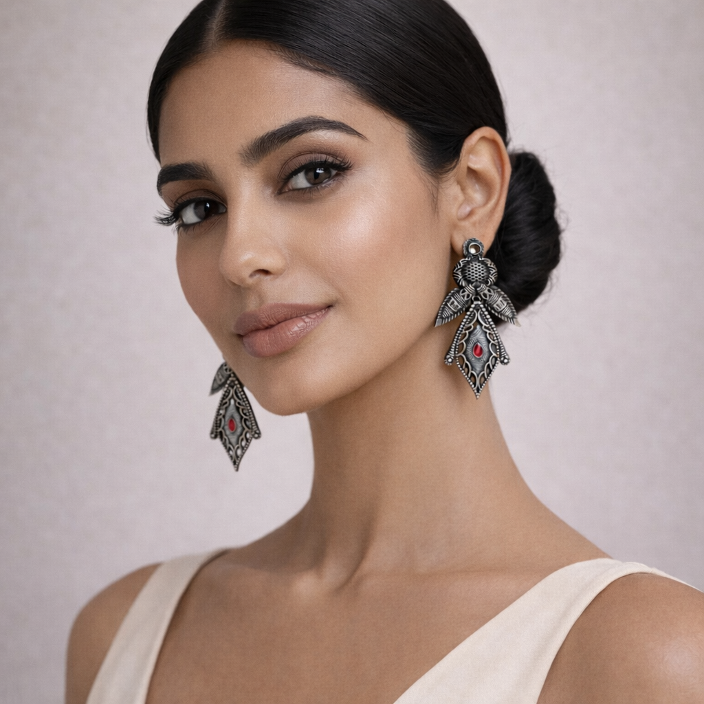 Patra- Silver Brass Oxidised Dangler earrings