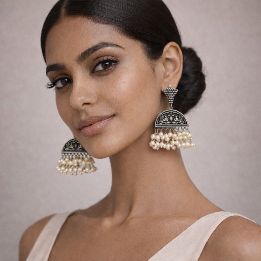 Nayaab- Silver Brass Pearl dangler earrings