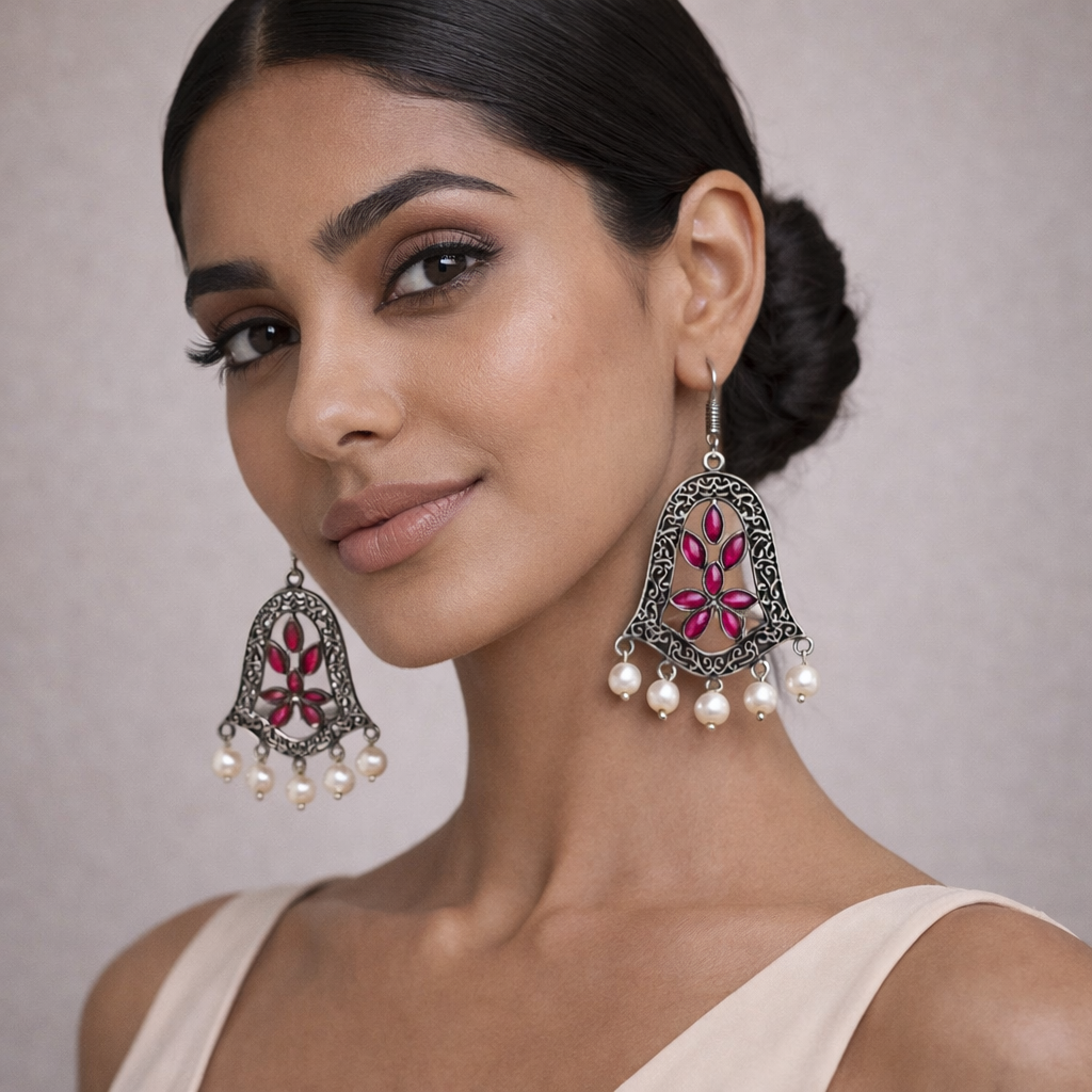 Latika- Silver Brass Pearl dangler earrings