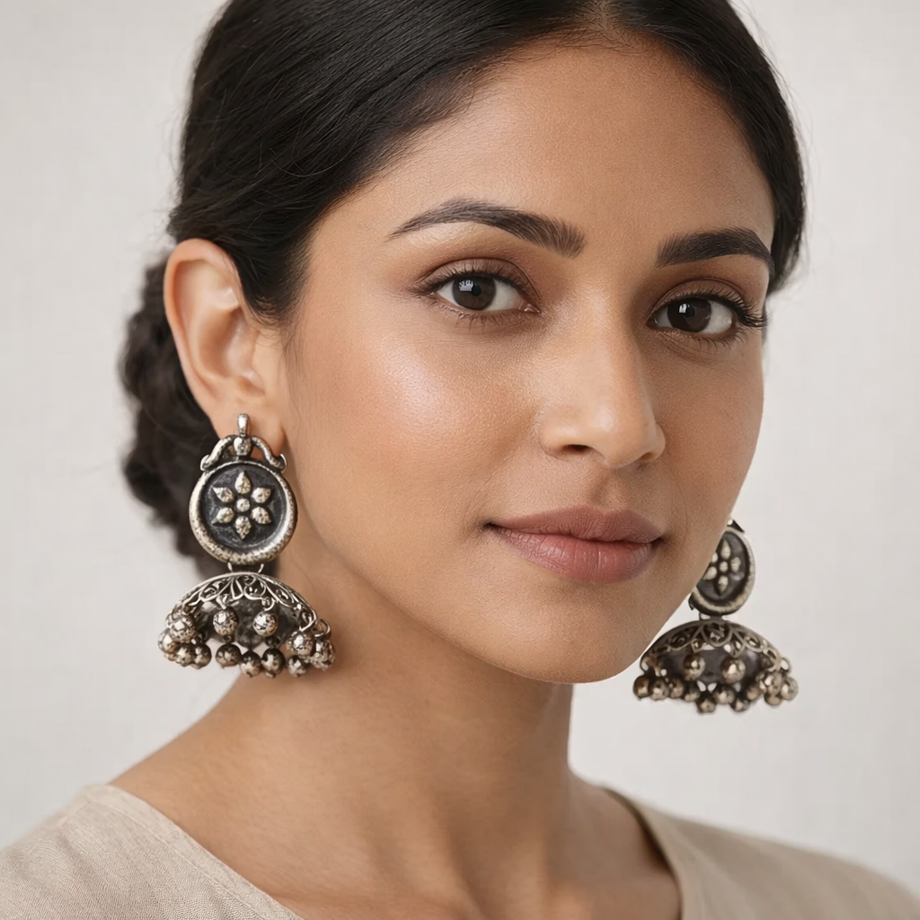 Kusum- Silver Brass ghungroo jhumka earrings