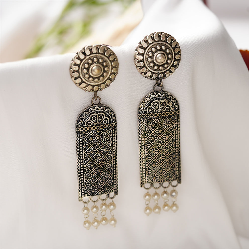 Jharokha- Silver Brass Oxidised Dangler earrings