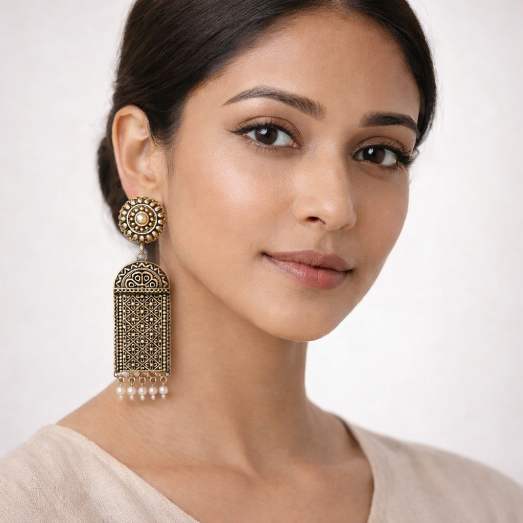 Jharokha- Silver Brass Oxidised Dangler earrings