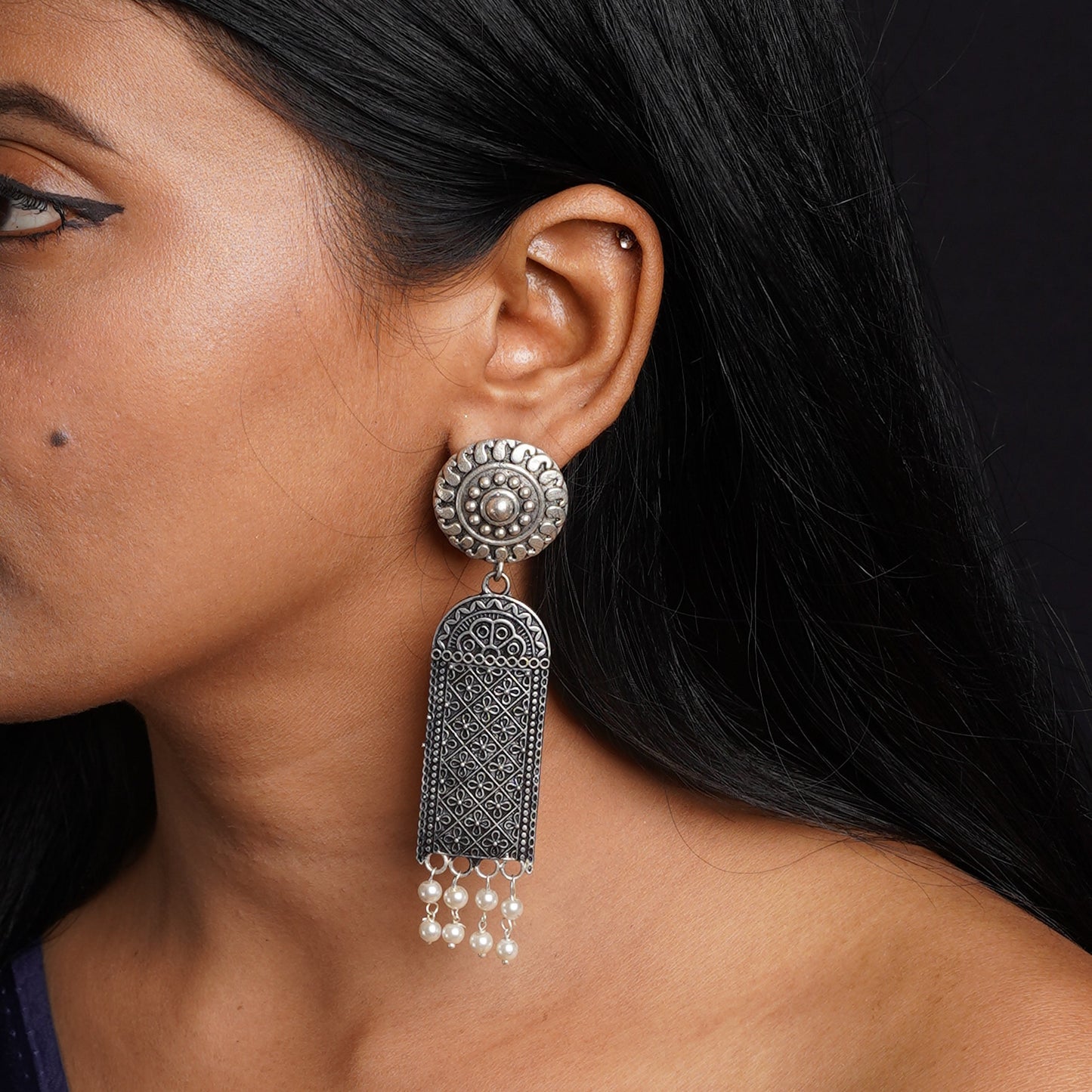 Jharokha- Silver Brass Oxidised Dangler earrings