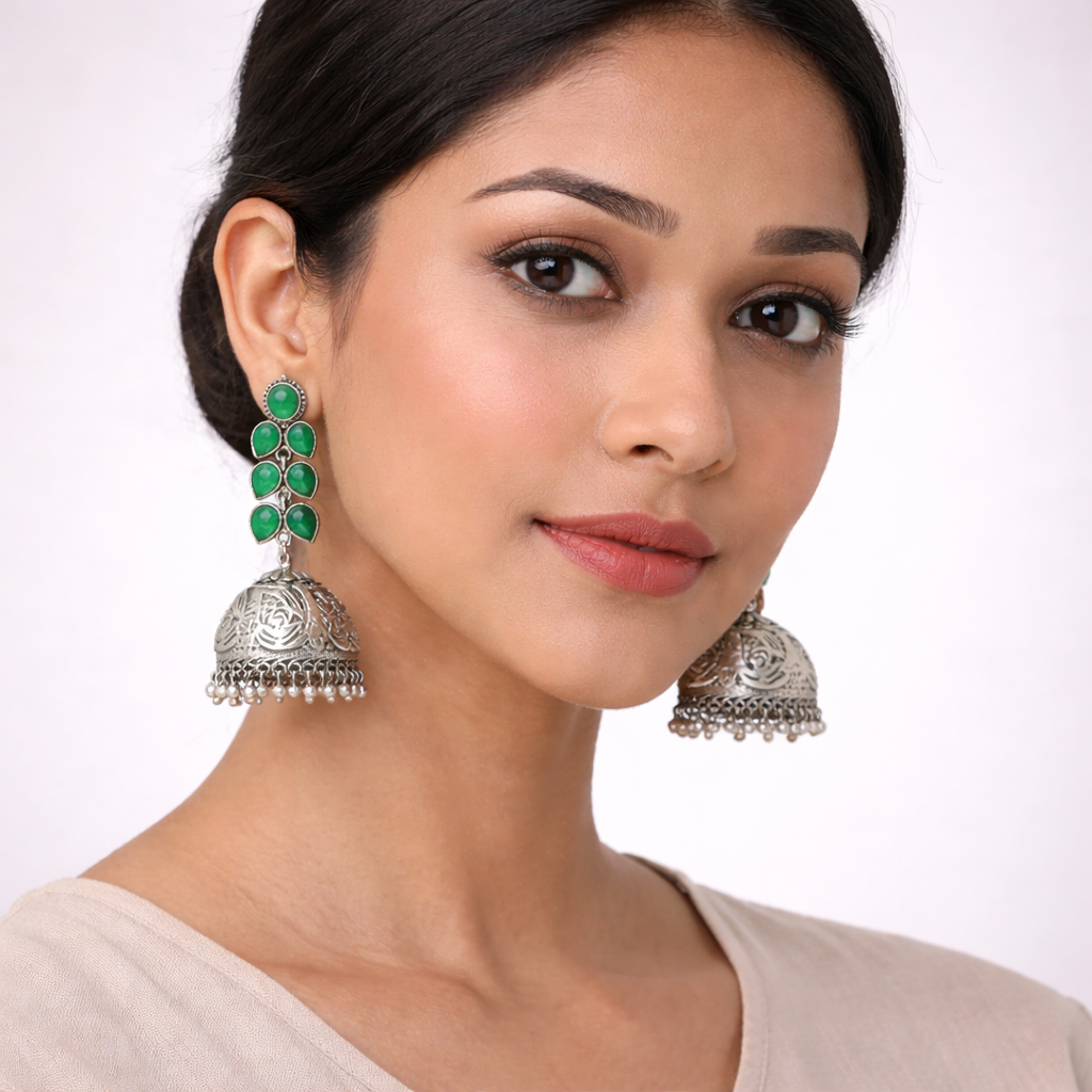 Shyamika- Silver Brass Oxidised Jhumka Earrings(Green)