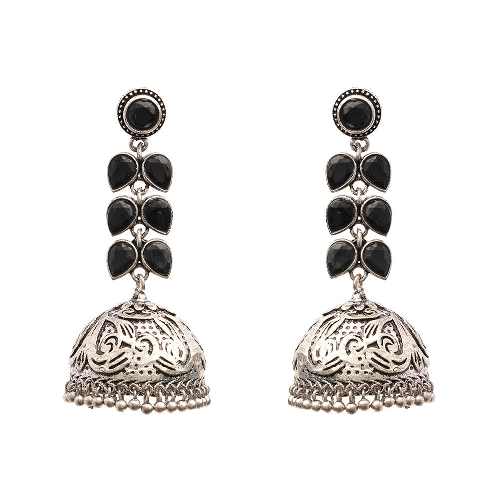 Shyamika- Silver Brass Oxidised Jhumka Earrings(Black)