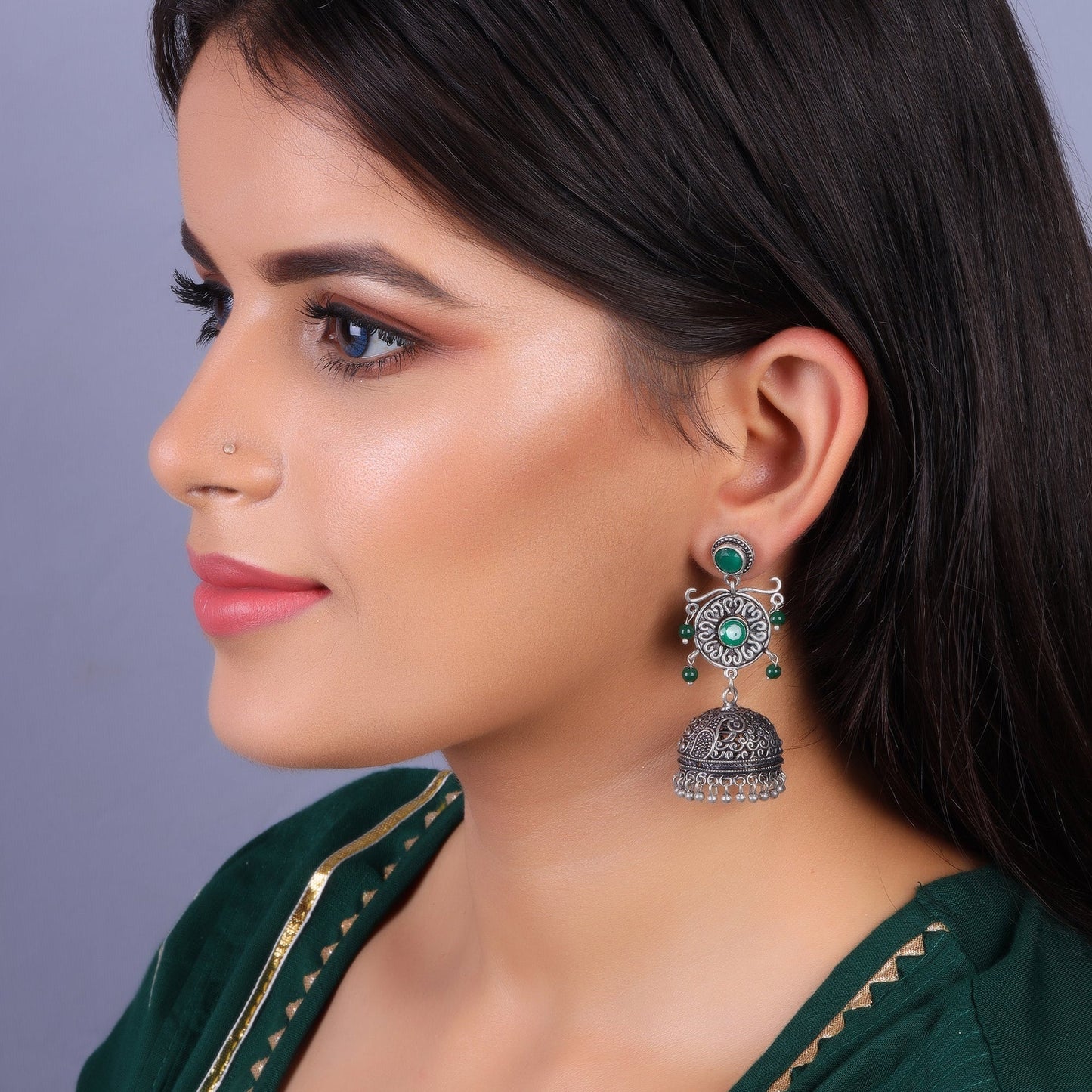 Mallika- Silver Brass Oxidised Jhumka Earrings(Green)