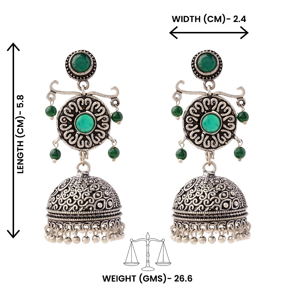 Mallika- Silver Brass Oxidised Jhumka Earrings(Green)