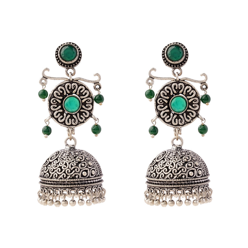Mallika- Silver Brass Oxidised Jhumka Earrings(Green)