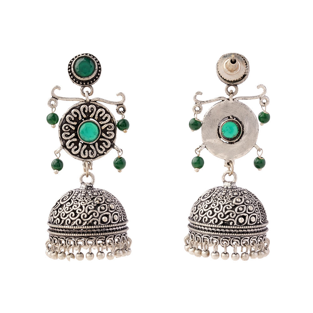 Mallika- Silver Brass Oxidised Jhumka Earrings(Green)