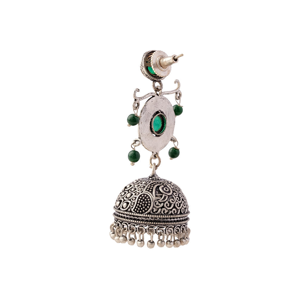 Mallika- Silver Brass Oxidised Jhumka Earrings(Green)