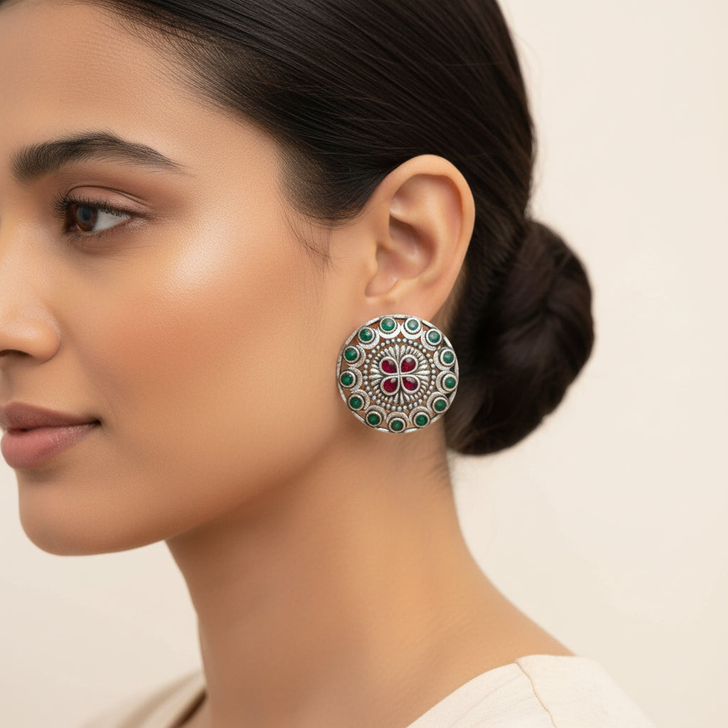 Manik- Silver Brass Stone-Studded Stud Earrings