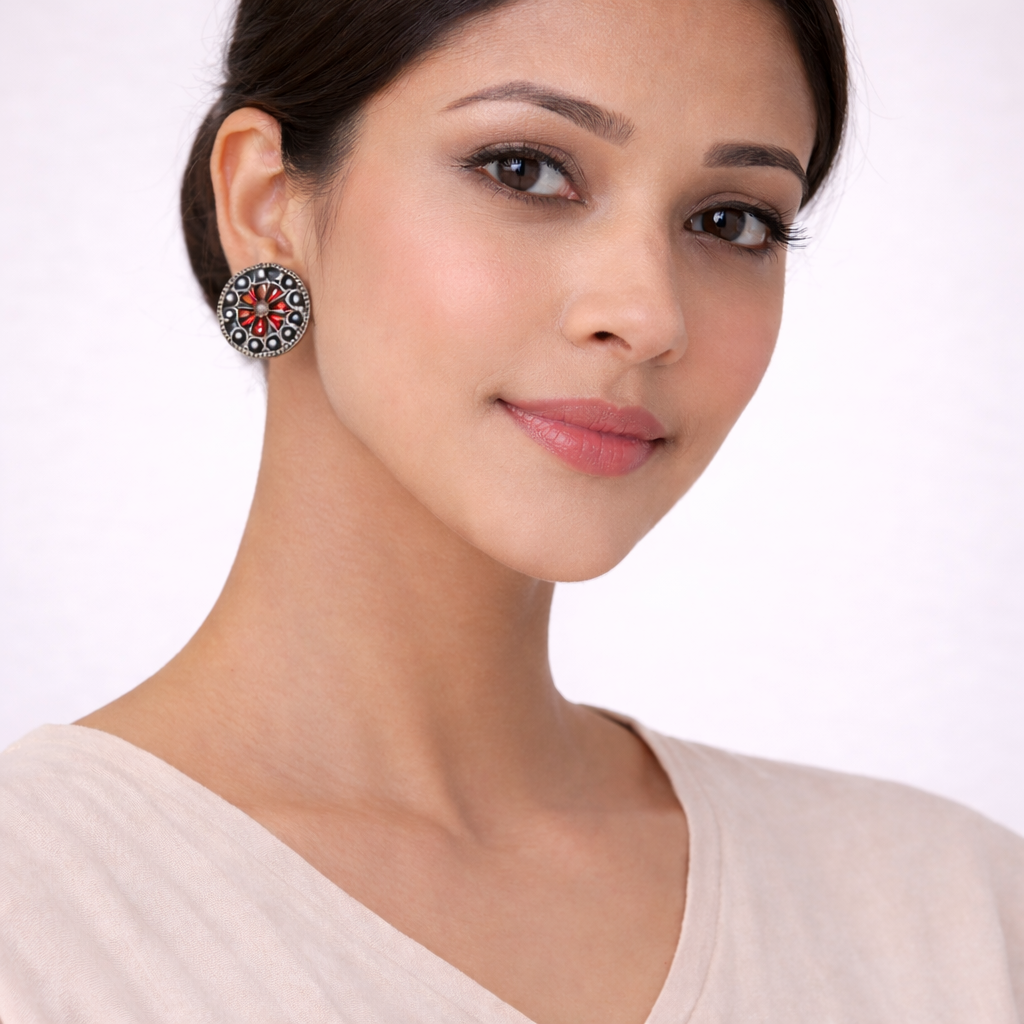 Gulab- Silver Brass Stone-Studded Stud Earrings