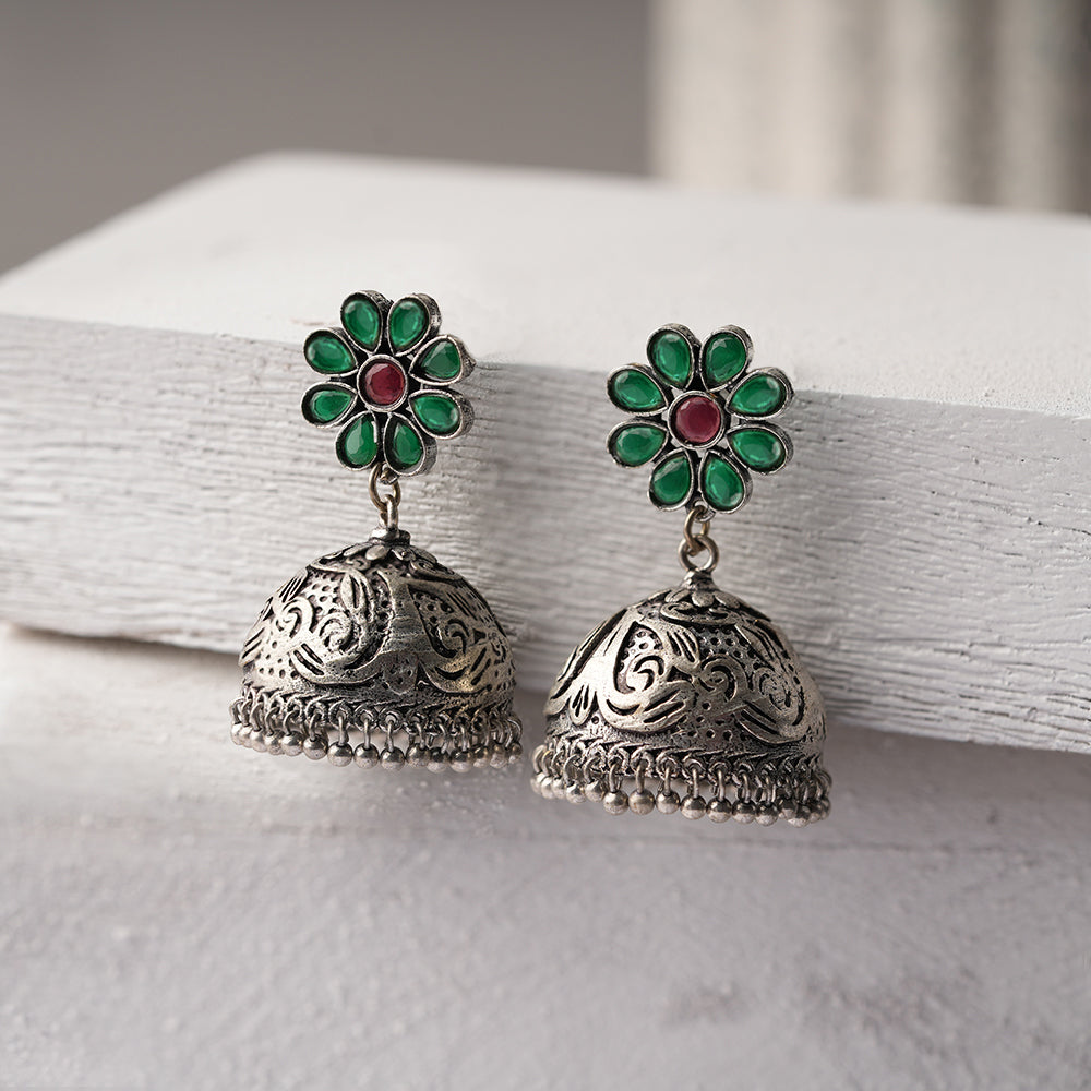 Ratnaja- Silver Brass Stone-Studded Jhumka Earrings