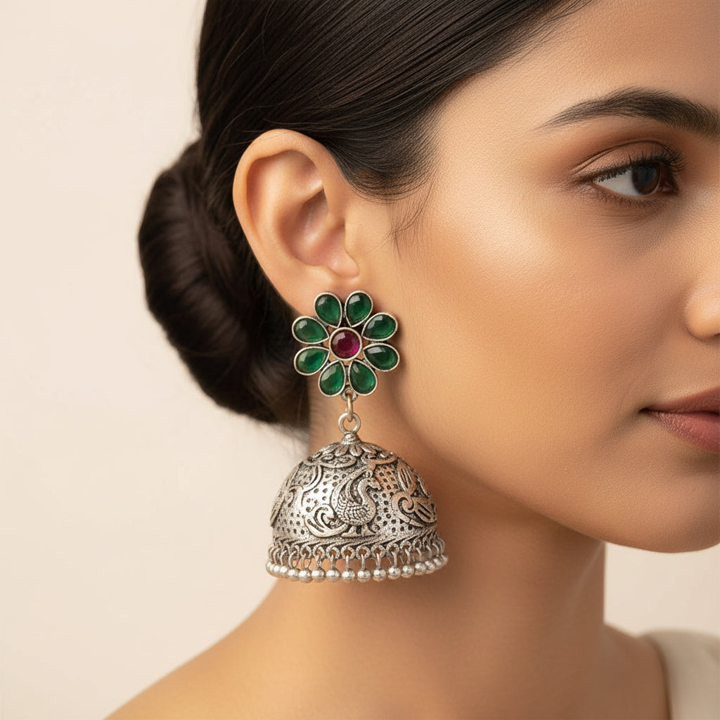 Ratnaja- Silver Brass Stone-Studded Jhumka Earrings