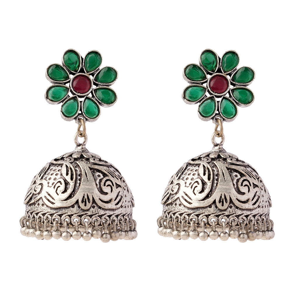 Ratnaja- Silver Brass Stone-Studded Jhumka Earrings