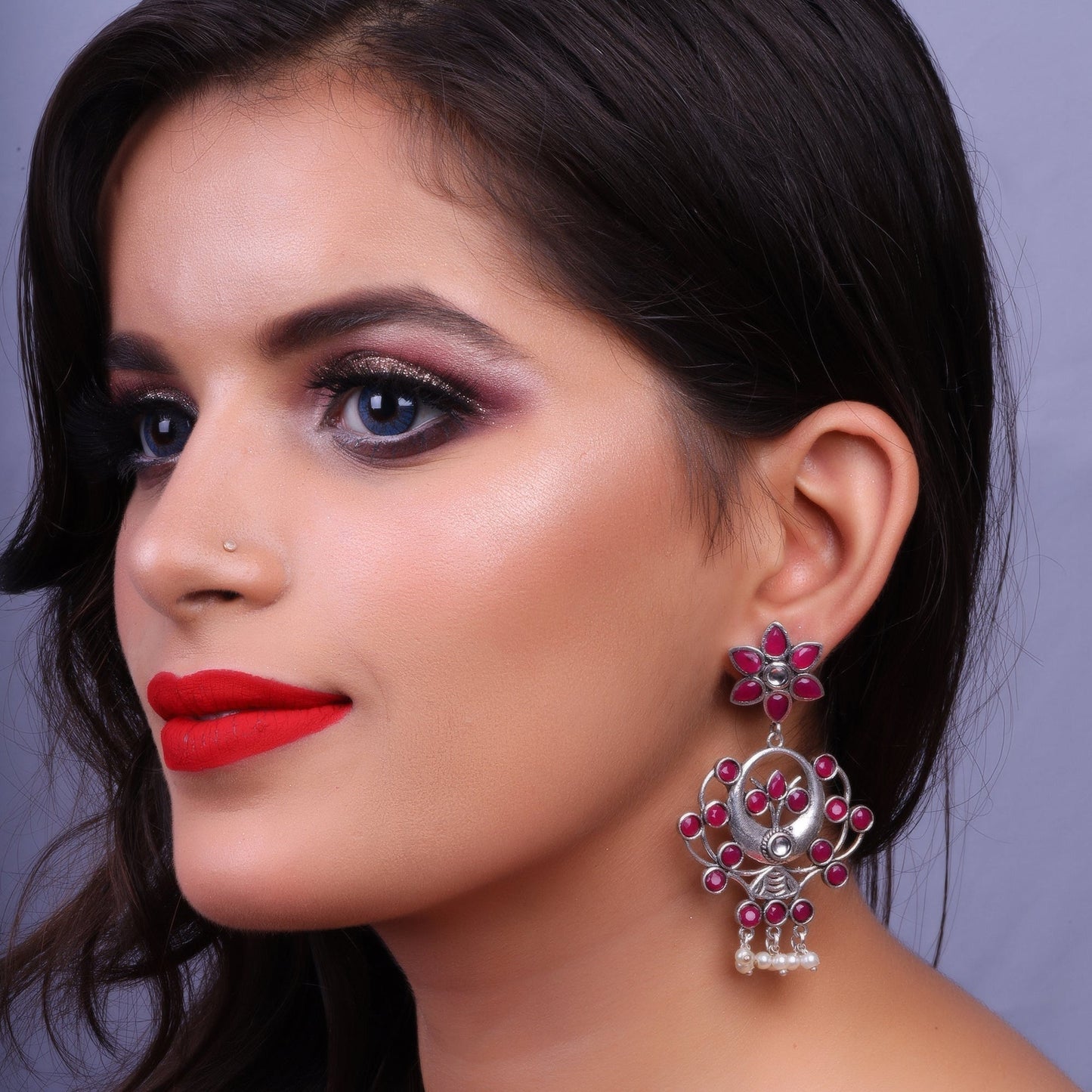 Dhaval- Silver Brass Oxidised dangler earrings(Red)