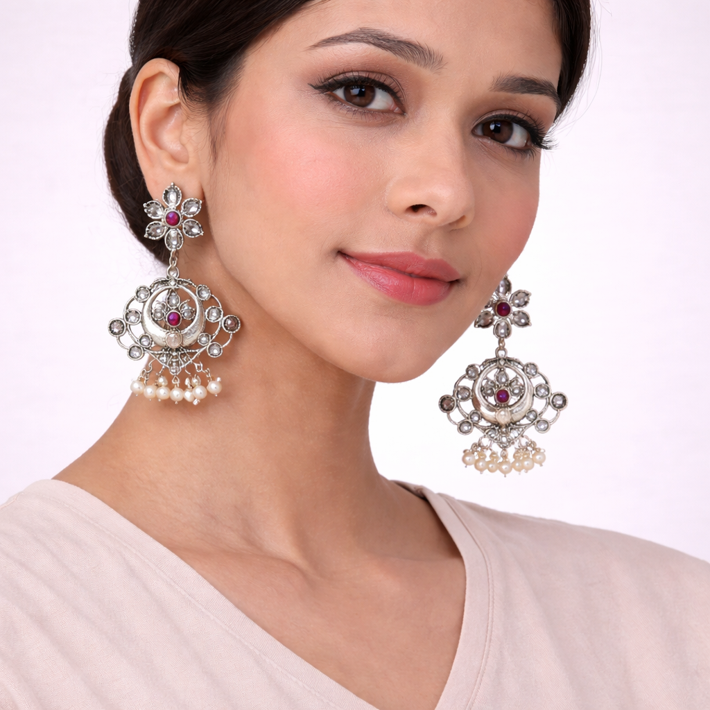 Dhaval- Silver Brass Oxidised dangler earrings(Multicolored)