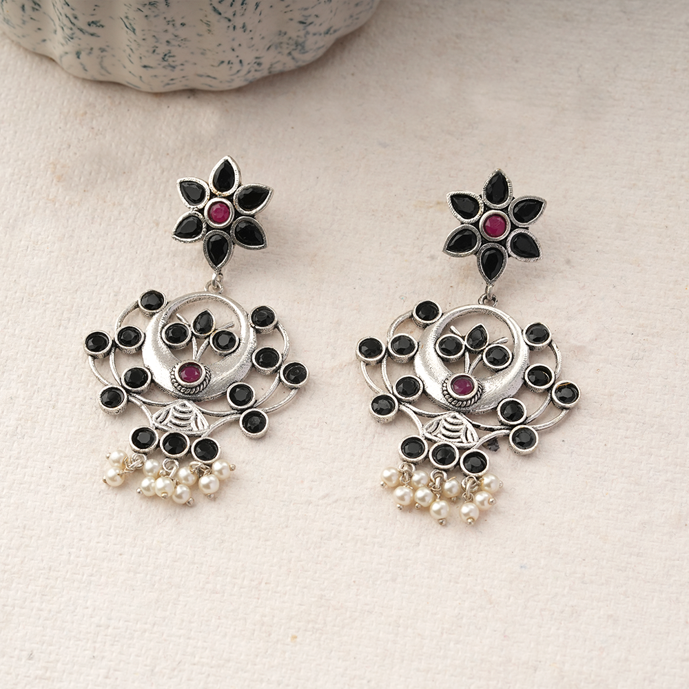 Dhaval- Silver Brass Oxidised dangler earrings(Multicolored RedBlack)
