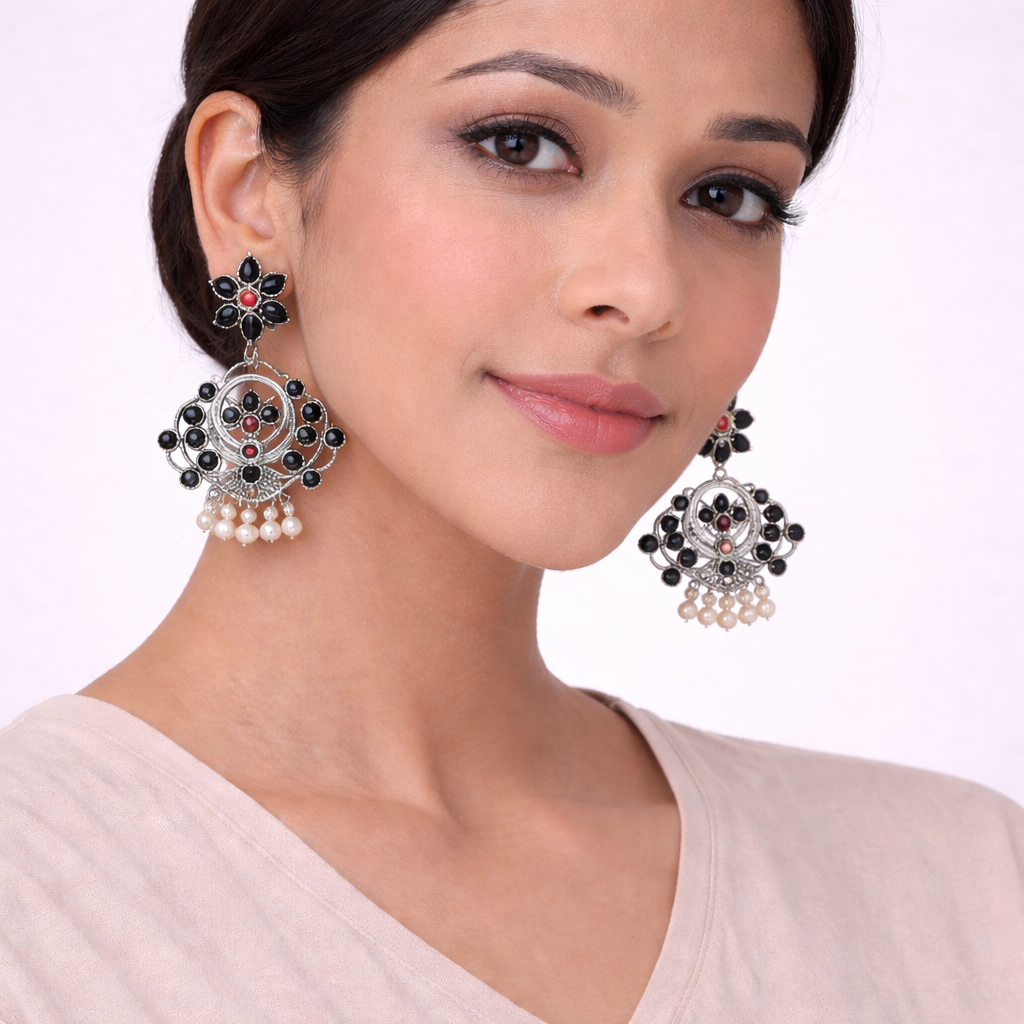 Dhaval- Silver Brass Oxidised dangler earrings(Multicolored RedBlack)