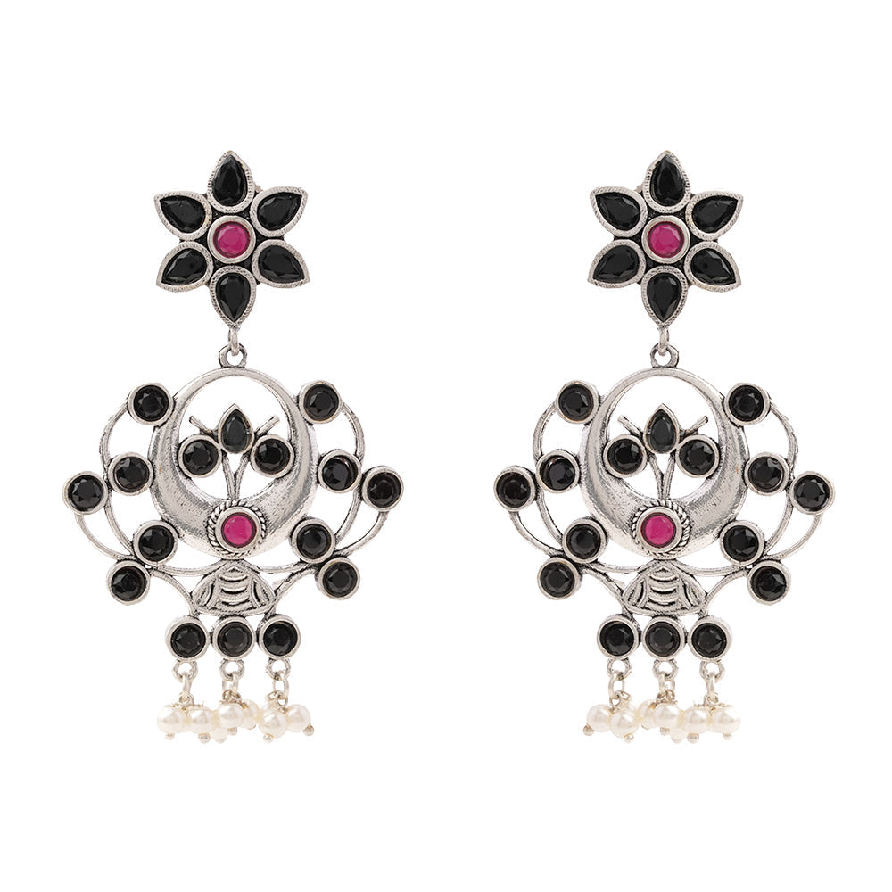 Dhaval- Silver Brass Oxidised dangler earrings(Multicolored RedBlack)